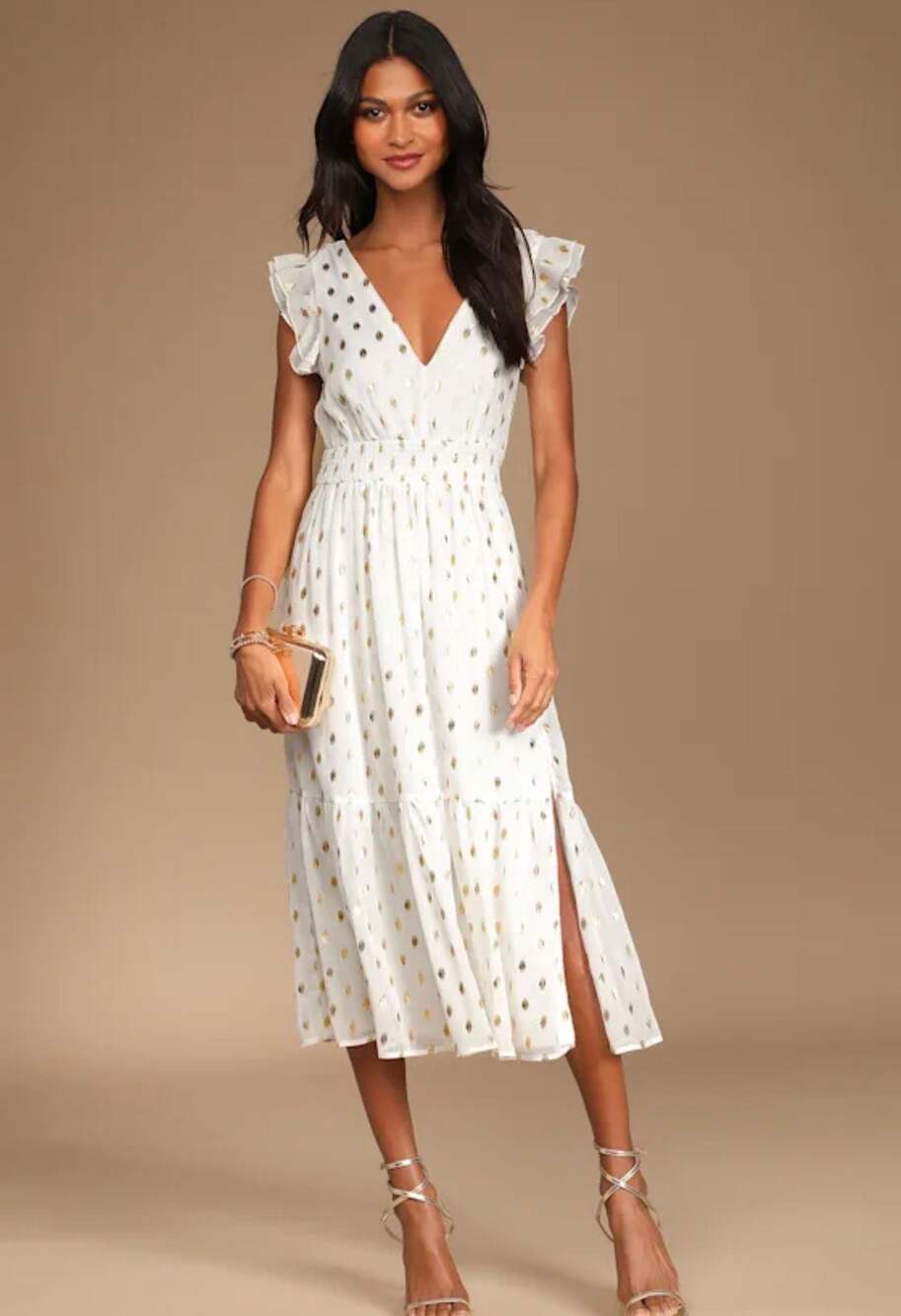 White and Gold Dot Dress - Chiffon Midi Dress - Ruffled Dress - ,